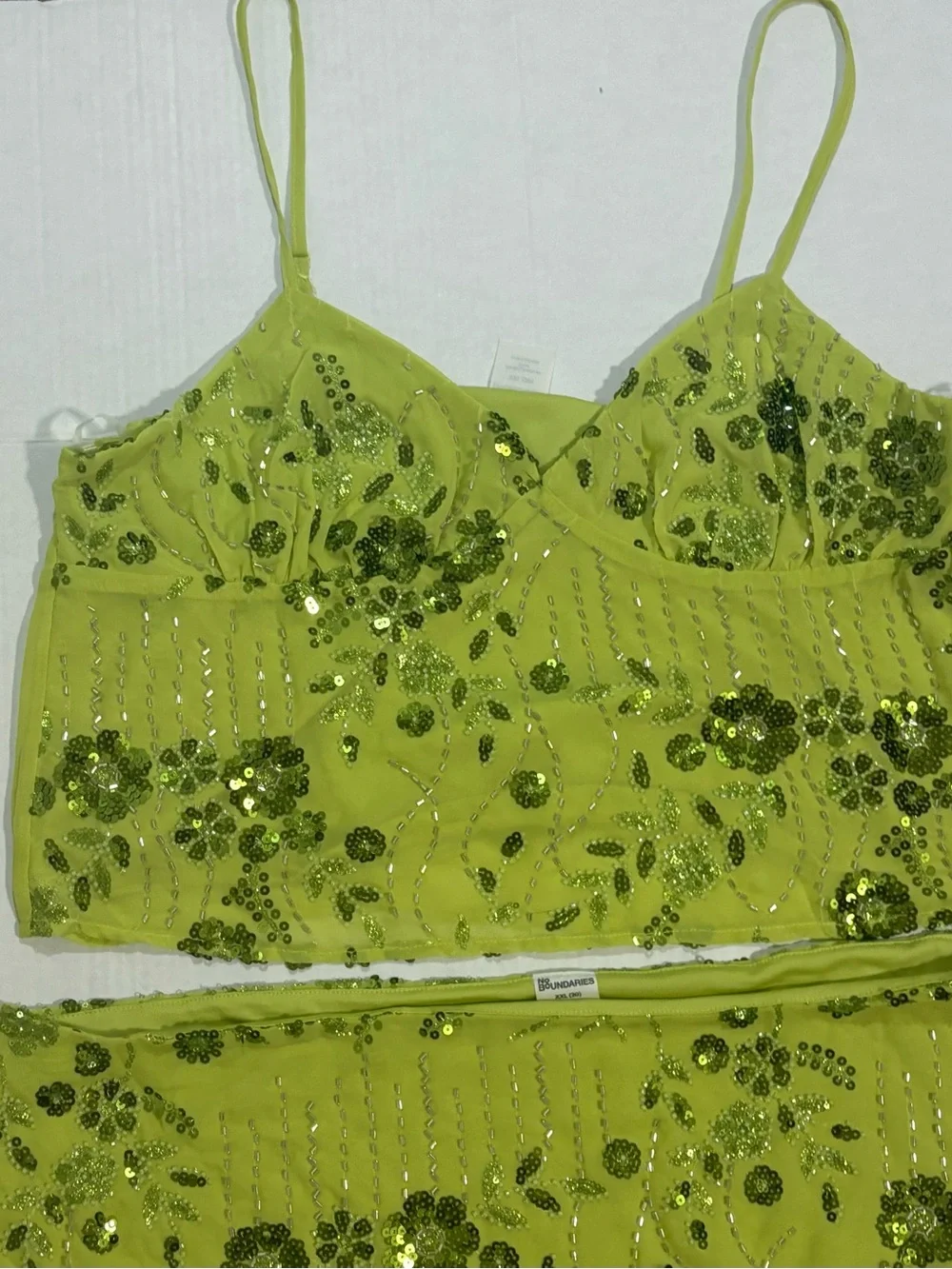 No Boundaries Lime Green Sequin Floral Crop Top & Mini Skirt Set